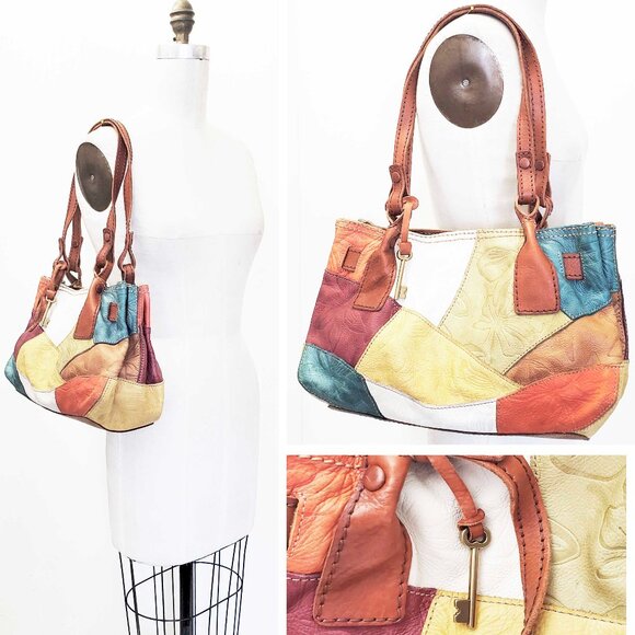 Fossil Womens 75082 Patchwork Colorful Leather Handbag Tote Purse Shoulder Bag - Picture 1 of 11